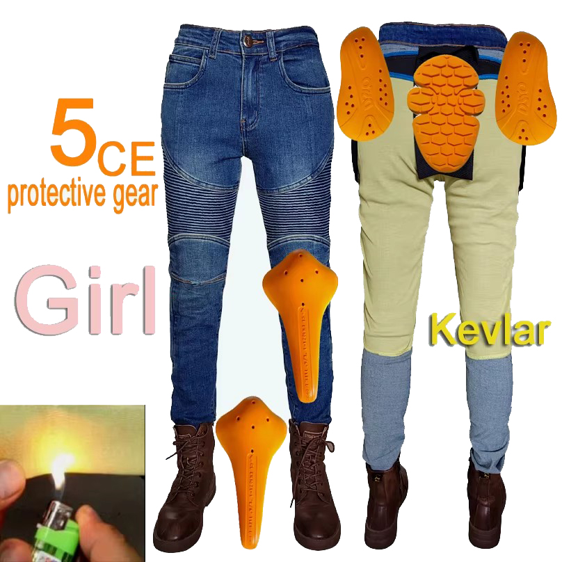 Motorcycle Gear Jeans - กางเกงยีนส์มอเตอร์ไซค์สำหรับผู้หญิง กางเกงมอเตอร์ไซค์เคฟลาร์ อุปกรณ์ป้องกันสำหรับการขับขี่ท่องเที่ยว สีน้ำเงิน ทำจากเส้นใยอะรามิด กางเกงมอเตอร์ครอส